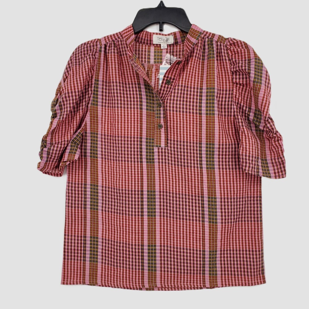 Tulip B Women Small Pink Plaid Puff Short Sleeve Henley Blouse Top JPJT219 New